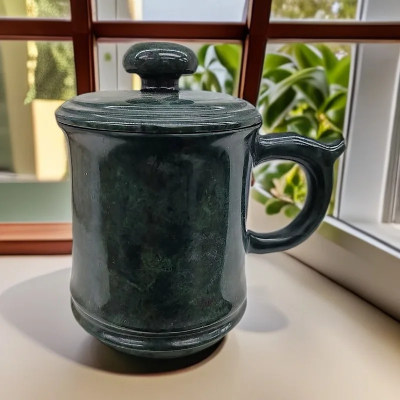 

400ml Natural Green Jade Teacup Stone Mugs Coffee Milk Cup Tibetan Medicine King Stone Magnetic Jade Mug With Lid Cups
