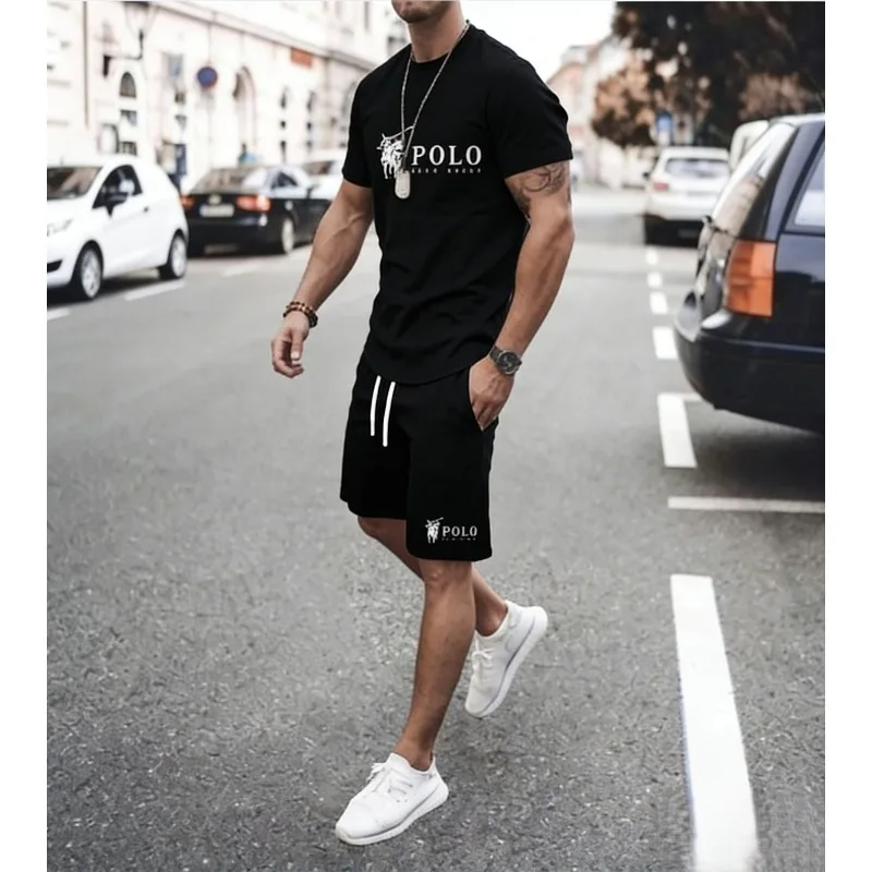 

New men's sports outfit. Men's casual sportswear. Printed short-sleeved sports shirt set. Patterned set. Men's sports outfit.