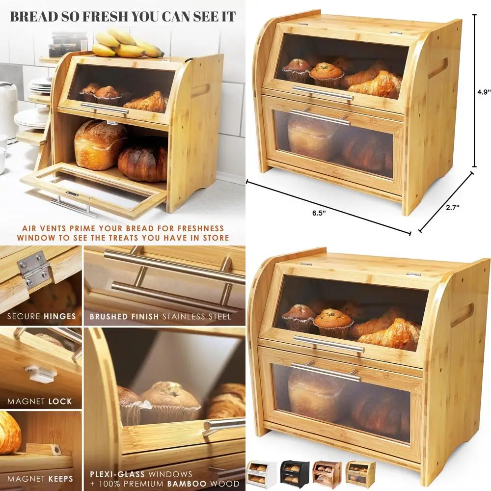 

Extra Large Wooden Bread Box with Clear Windows and Air Vents for Fresh Bread, Bagels, and Rolls Storage