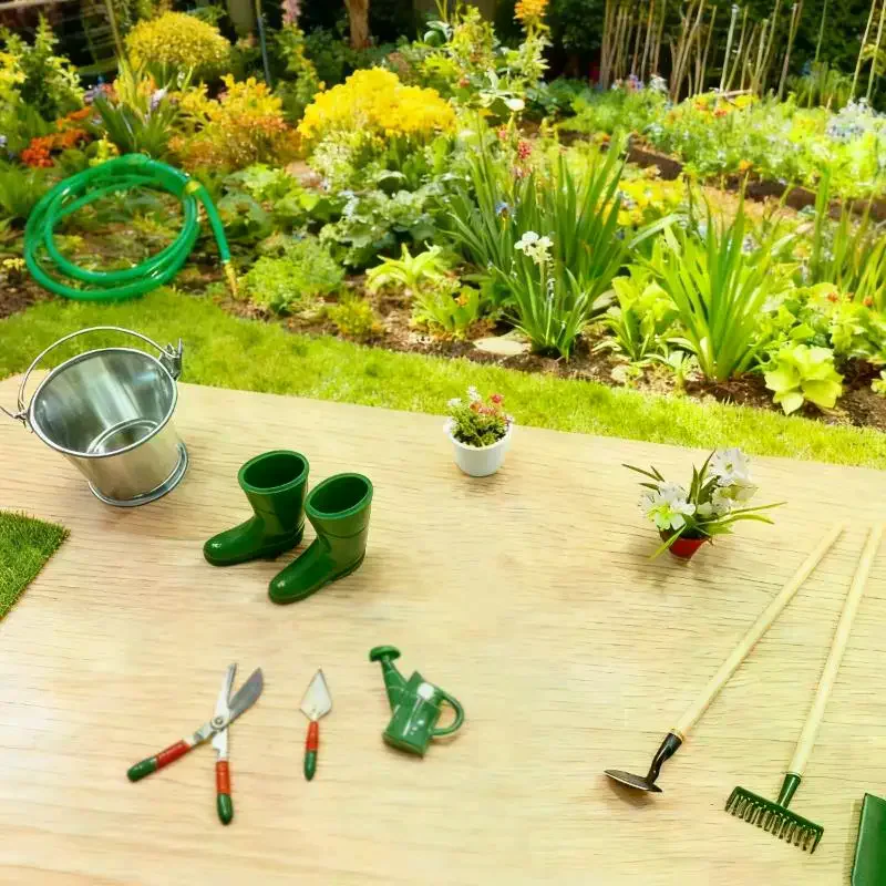 1 ensemble de Simulation de maison de poupée, pelle Miniature, houe, fourche et tuyau d'eau, outil de réparation, accessoires de jardin féerique, outils agricoles