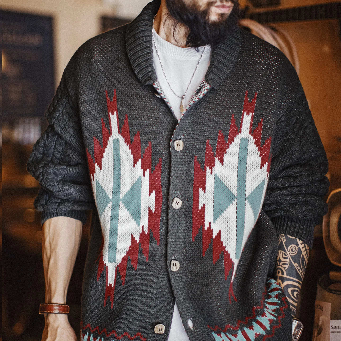 Maden Men’s Retro Cowichan Shawl Collar Cardigan Jacquard Knit Native Style Jacket Single-Breasted Sweater Coat for Fall Winter