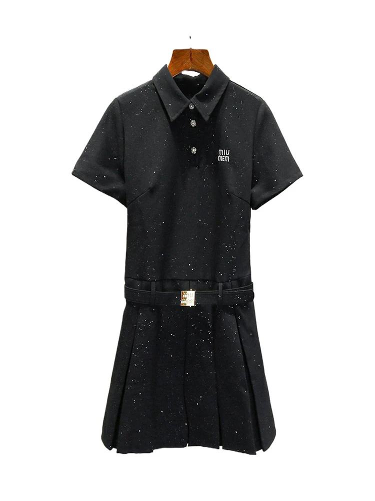 미움엠 하이웨이스트 스팽글 플립 칼라 벨티드 여성 가을 컬리지 스타일 A라인 스커트