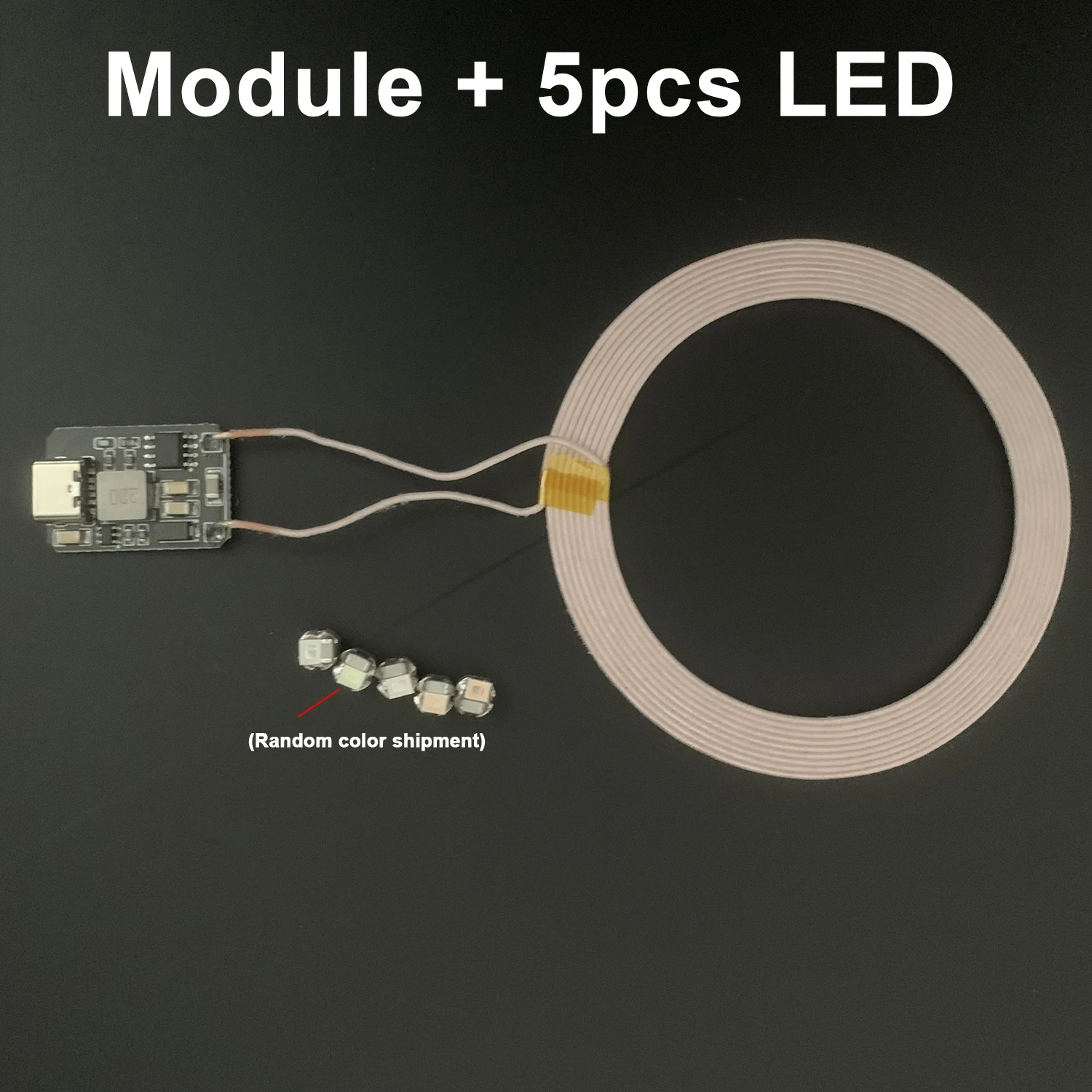 Fonte de alimentação sem fio Transmissor Bobina, Indução Tipo-C USB, Receptor 5V, Lâmpada LED, DIY Modelo Brinquedos, Distância 0-120mm, 5Pcs