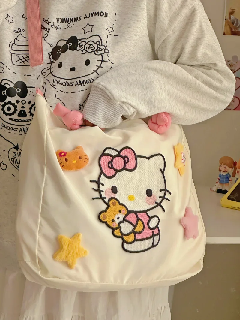 Anime Figura Kitty Bolsa de Lona, Zippered Olá Kitty Livro Estudante, Grande Capacidade Classe Sacola, Compras Presente Menina, 2024