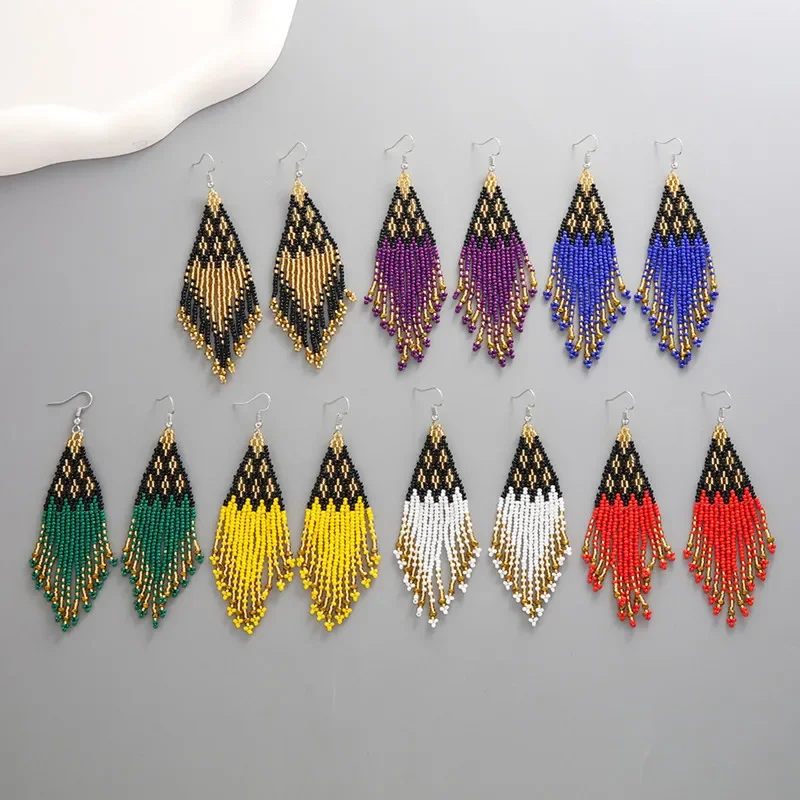 Boucles d'oreilles en perles de riz ZGMXR, design géométrique à pompon, originalité, tricot à la main, bohème, alliage, mode, polyvalent, simple, boucles d'oreilles en perles