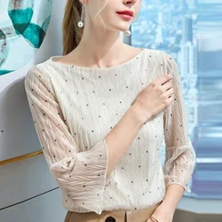 New Spring and Summer Women's Slash Neck Three Quarter Slim Thin Polka Dot Classic Blouse Folds Fashion Casual All Match Tops