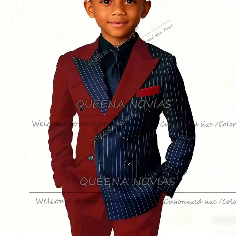 

Unique Design Spaliced Stripes Boys Suits 2 Pieces Sets Double Breasted Patrwork Blazer Customized Children Wedding Party Tuxedo