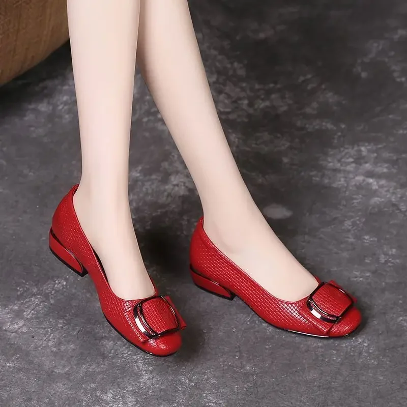 Soft Leather Single Shoes with Soft Surface for All Seasons, Low Heel and Thick Heel Design