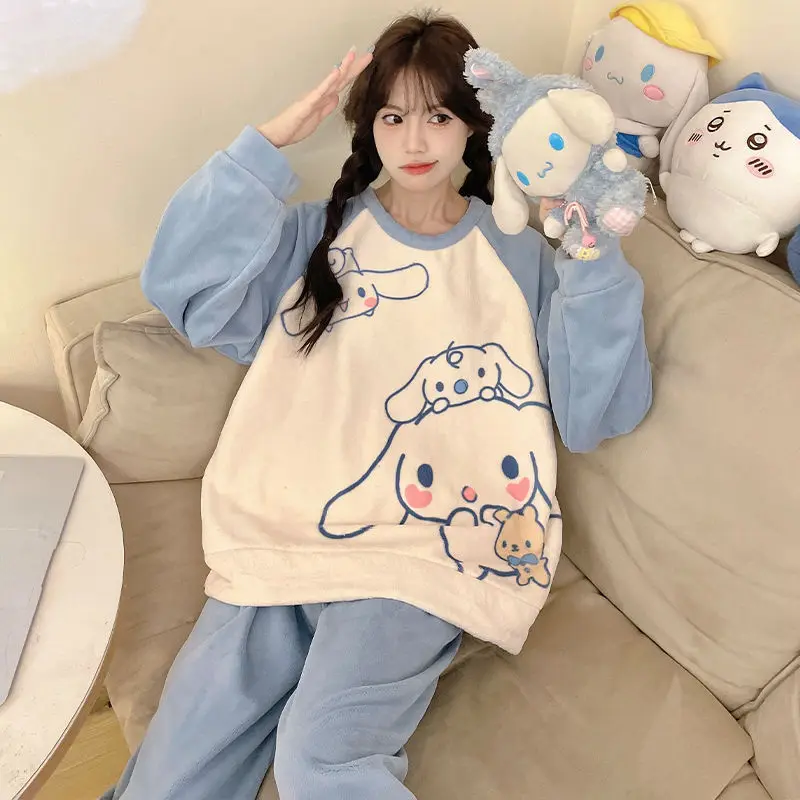 Sanrio Kuromi Cinnamoroll Cartoon Coral Plush Pajamas Sweet Cute Warm Sleepwear Women Autumn Winter New Thicken Flannel Home Set