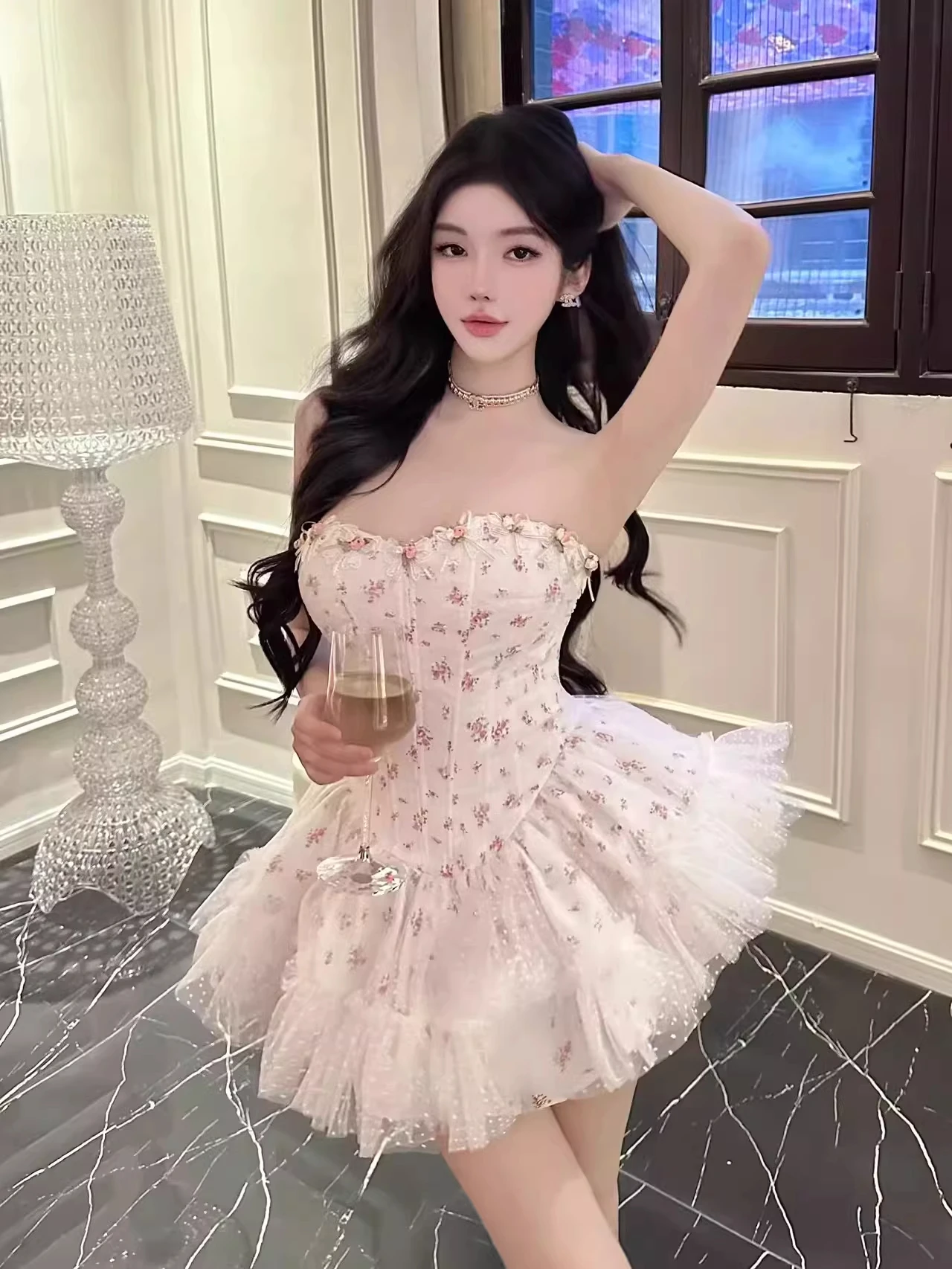 

Sweet Sexy Fishbone Strapless Dress Tulle Wrap Chest Floral Print Two Piece Set Summer Fashion Women's Ensemble Short Sleeve