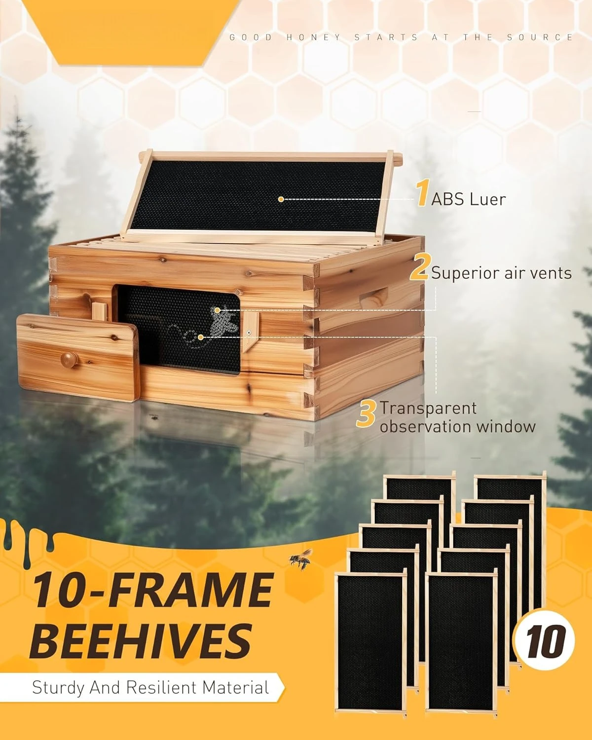 

Bee Hive 10-рамочная глубокая коробка для пчел с рамками и фундаментом, Langstorth Bee Hives с покрытием из пчелиного воска для хранителя