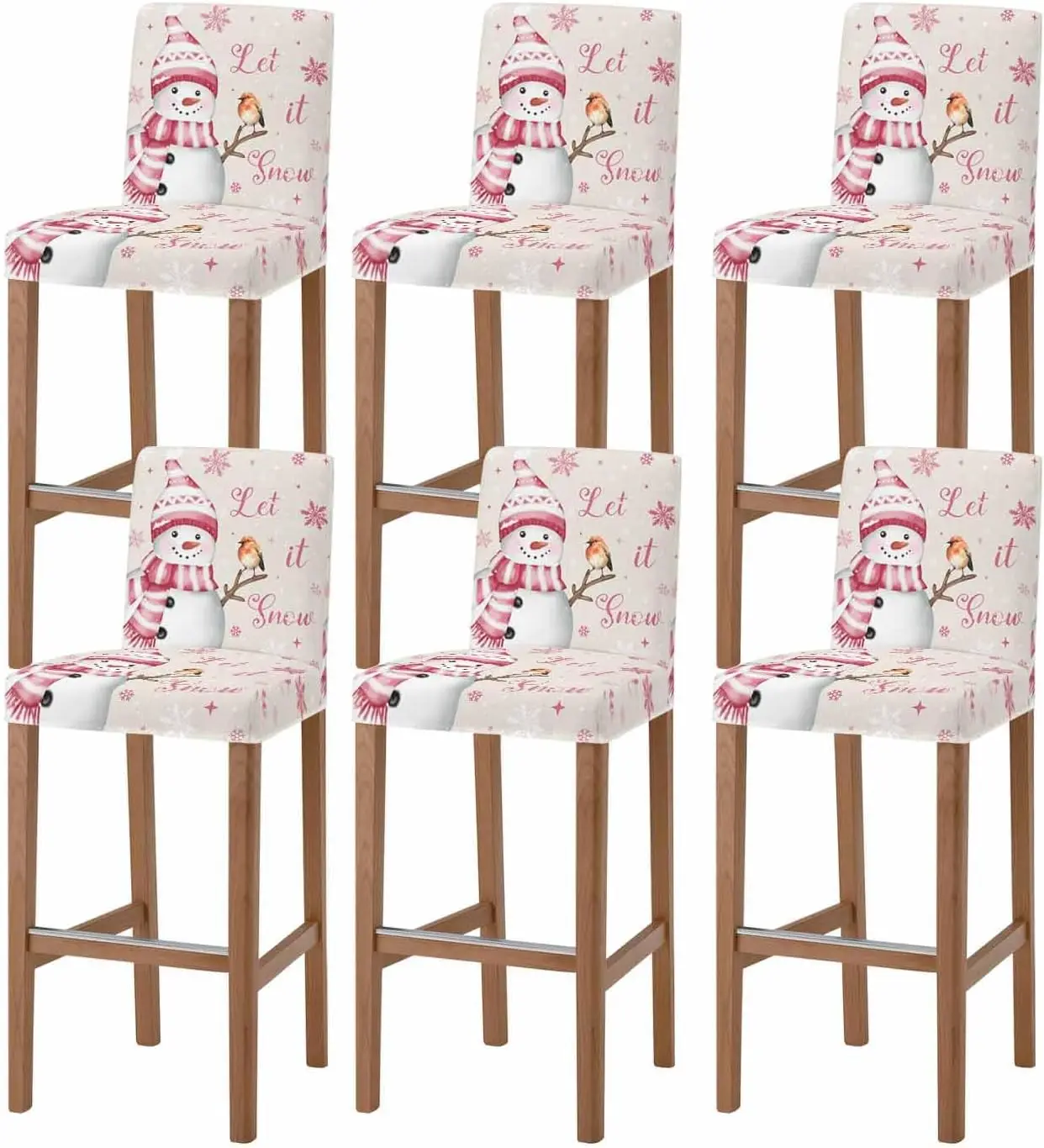 Pink Christmas Snowman Bar Stool Covers Stretch Pub Counter Stool Chair Slipcover With Backs, Removable Washable Stool Chair