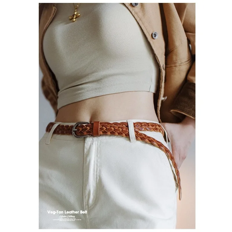 Amekaji Vintage Vegetable Tanned Leather Belt Braided Pin Buckle Genuine Leather Workwear Waistband for Men Women