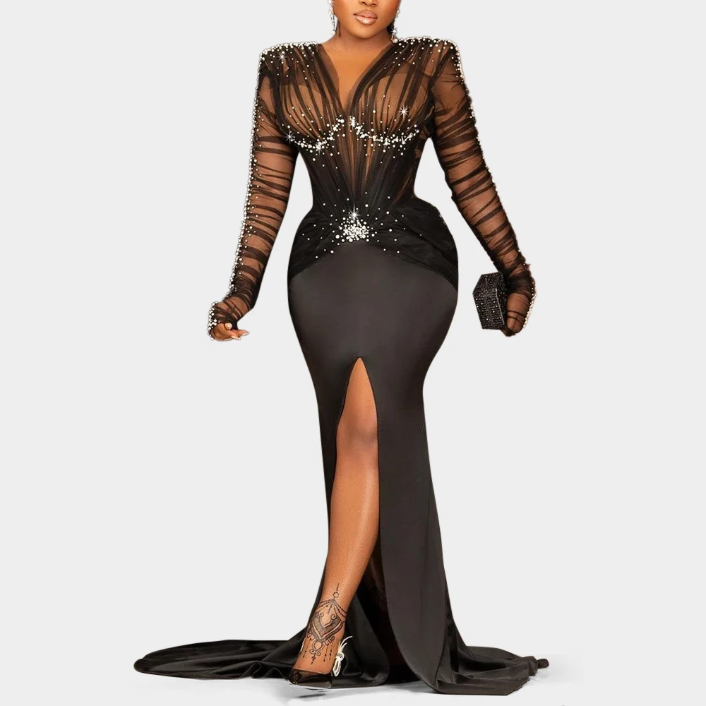 Women Plus Size Sequin Slim Paty Club Elegant Long Sleeve Ruched Rhinestone Pearl Decor Slit Train Maxi Dress Evening Dress