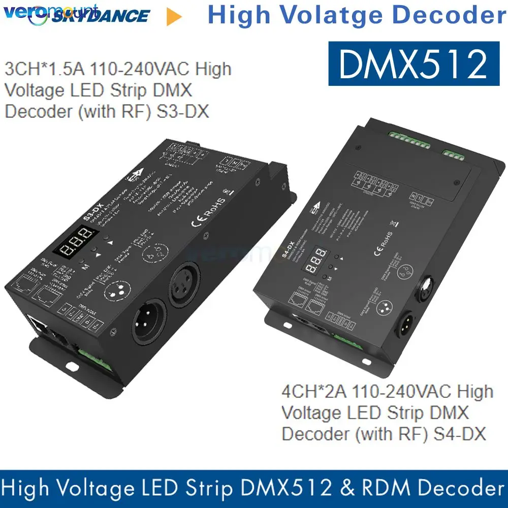 Skydance S3-DX 3CH*1.5A S4-DX 4CH*2A Высоковольтный 110 В 220 В переменного тока Светодиодная лента DMX-декодер с RF 3-канальным контроллером RDM XLR3 и RJ45