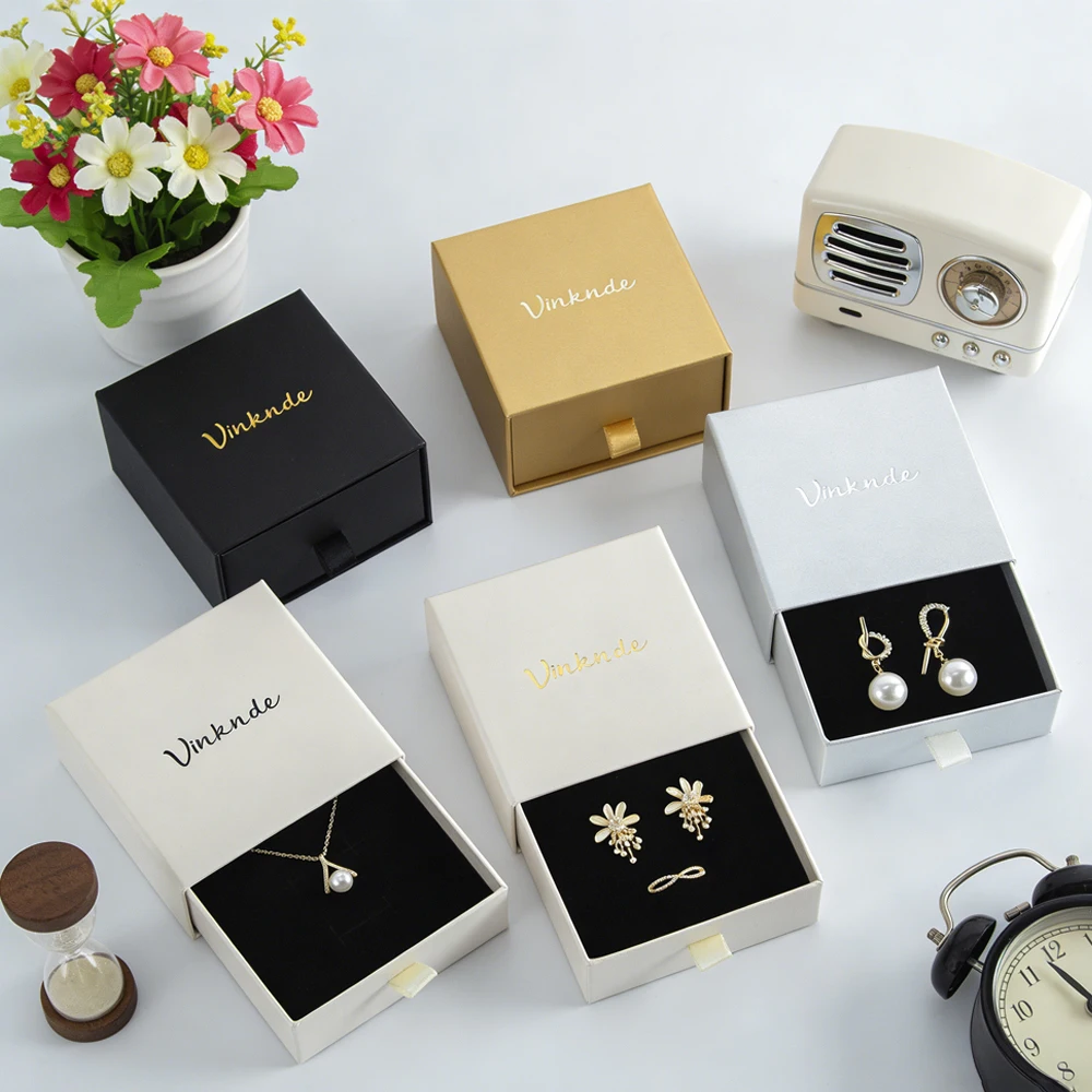

50Pcs Custom Logo Printing Jewelry Drawer Box Wedding Christmas Party Gift Packaging Boxes Sliding Out Carton For Earrings Rings