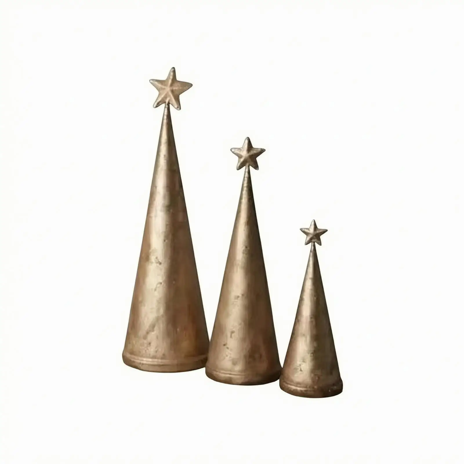 3 Pieces Iron Christmas Tree Decorations | Vintage Distressed Finish, Cone Ornaments with Star Toppers, Rustic shiny Look, for