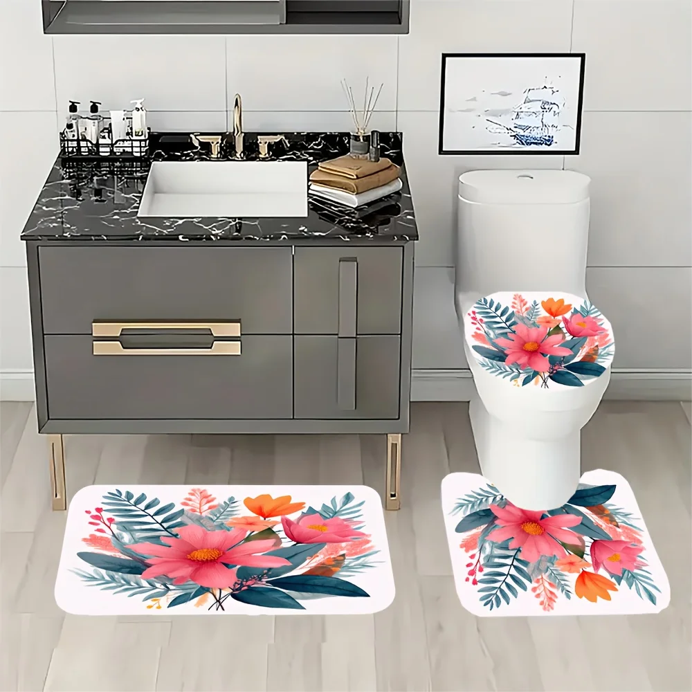 4pc Watercolor Floral Bathroom Fixtures - Waterproof Shower Curtain, Non-slip Bath Mat, Toilet Seat, U-shaped Rug
