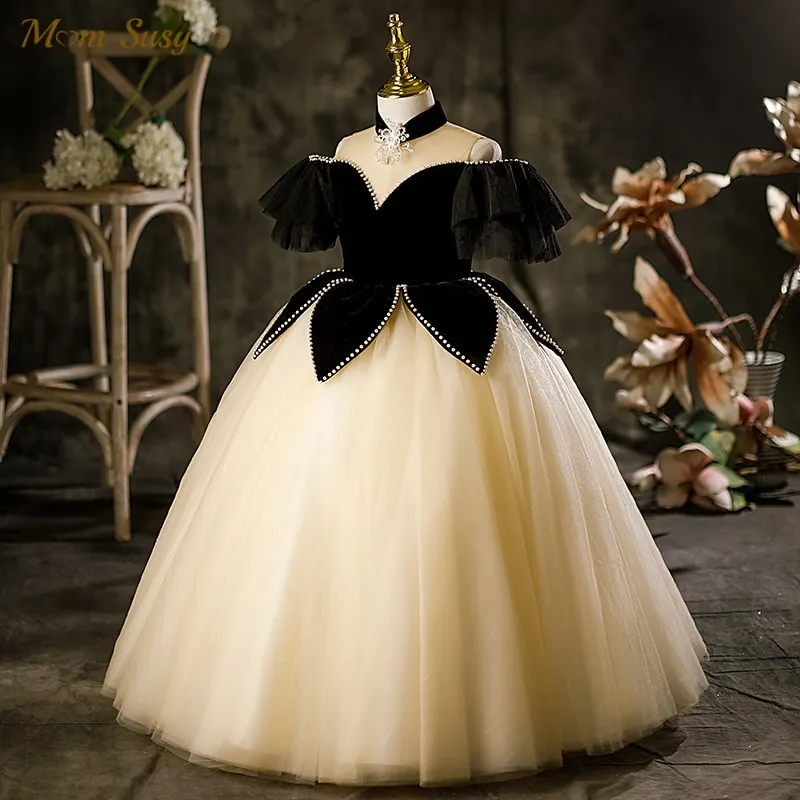 Fashion Baby Girl Princess Luxury Long Dress Off Shoulder Toddler Teen Child Black Vintage Vestido Party Pageant Ball Gown 2-14Y