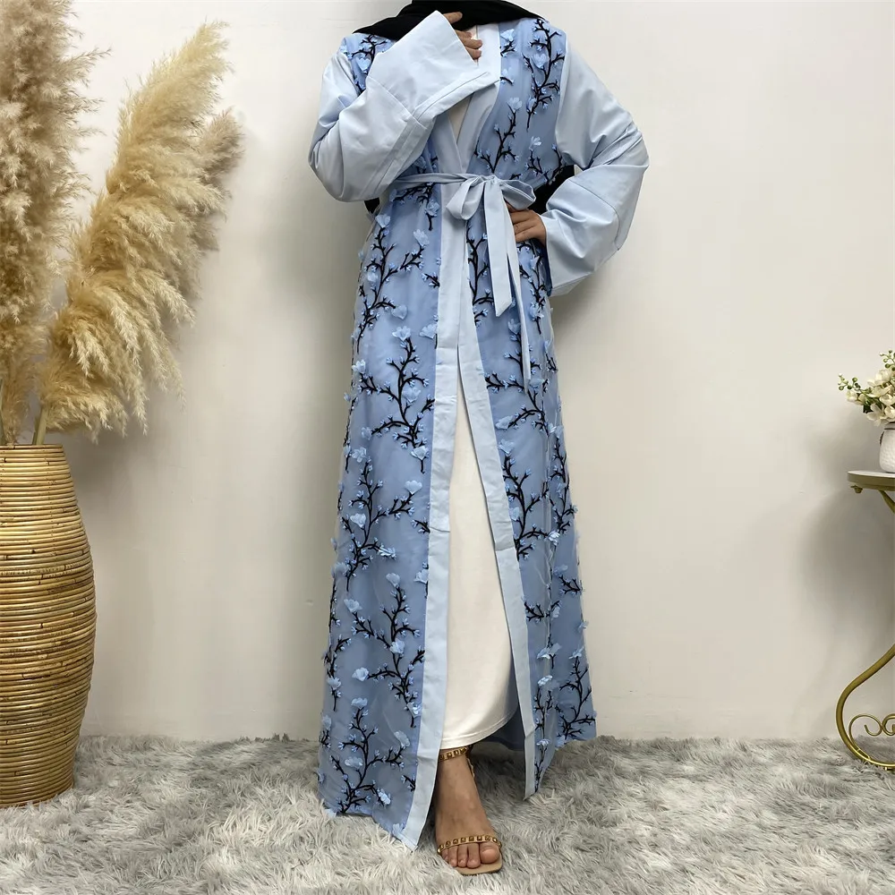 Flower Open Abaya Dubai Turkey Kaftan Women Muslim Embroidery Maxi Dress Eid Fashion Jalabiya Islamic Robe Ramadan Caftan Kimono