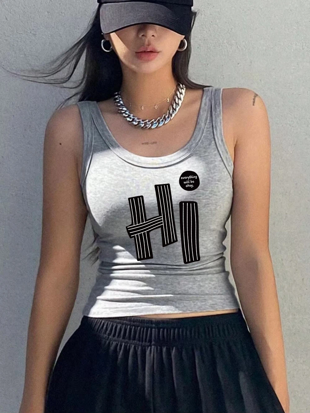 Simple Letter H Printed Tank Tops Sporty Womens Ribbed Knit Sleeveless Korean Soft Slim Cotton Singlet Summer Y2K O-Neck Vest