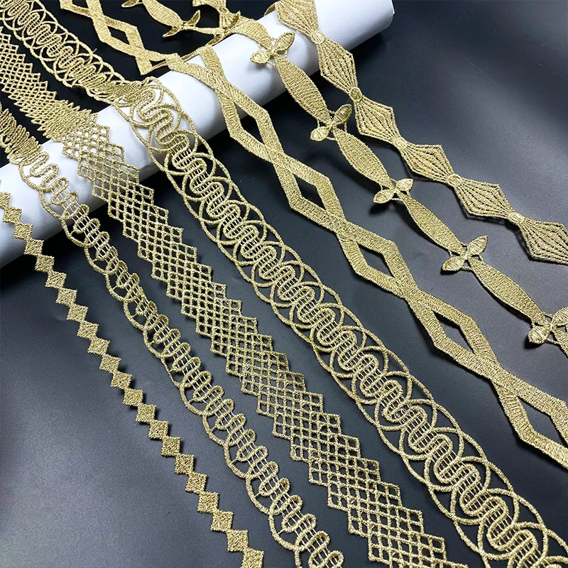 Golden Tassel Hollow Style Fabric, DIY Lace, Wedding, Fluorescent Lace, Gold Thread, Embroidery, Trim, Accessories, 2Yds