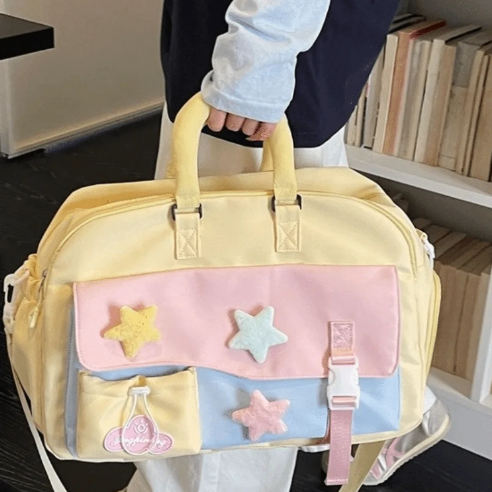Girly Style Large Capacity Macaron Color Travel Duffle Bag Star Portable Gym Shoulder Bag Multi-pocket Polyester Handbag Women