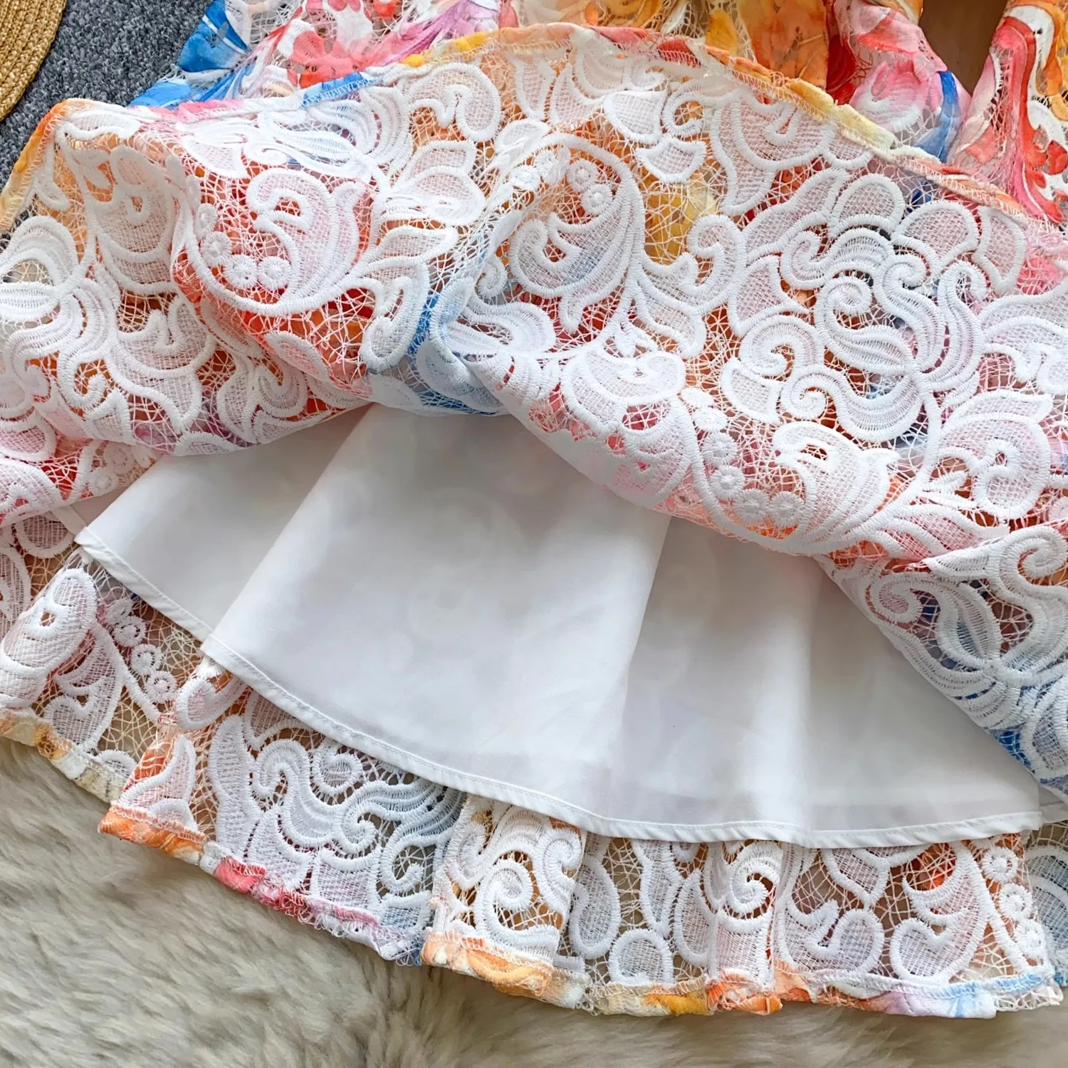 Summer Elegant Water Soluble Lace Embroidery Flower Dress Women Long Sleeve Hollow Out Single Breasted Belt Mini Party Vestidos