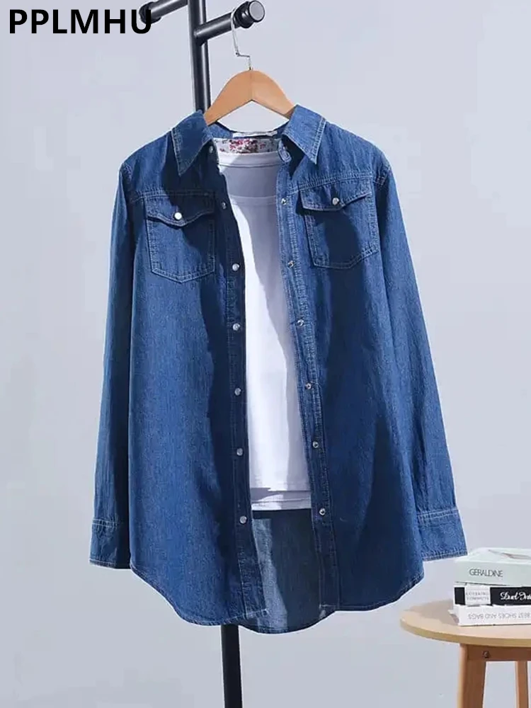 Vintage Blue Denim Shirts Jackets Women Casual Loose Single-breasted Jeans Blouses Tops Korean Mid-length Cowboy Camisas Coats