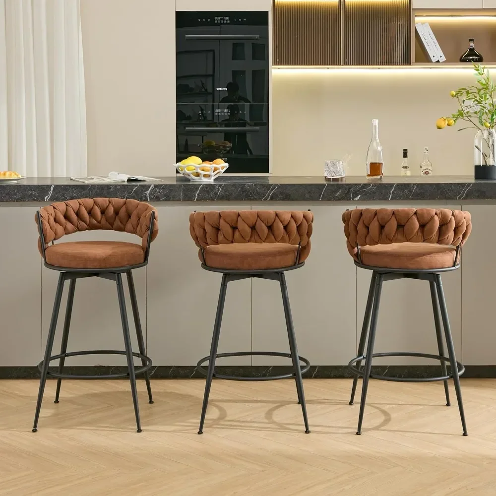 360° Swivel Bar Stools, 28inch Counter Height Bar Stools Modern Barstools with Woven Back and Suede Fabric