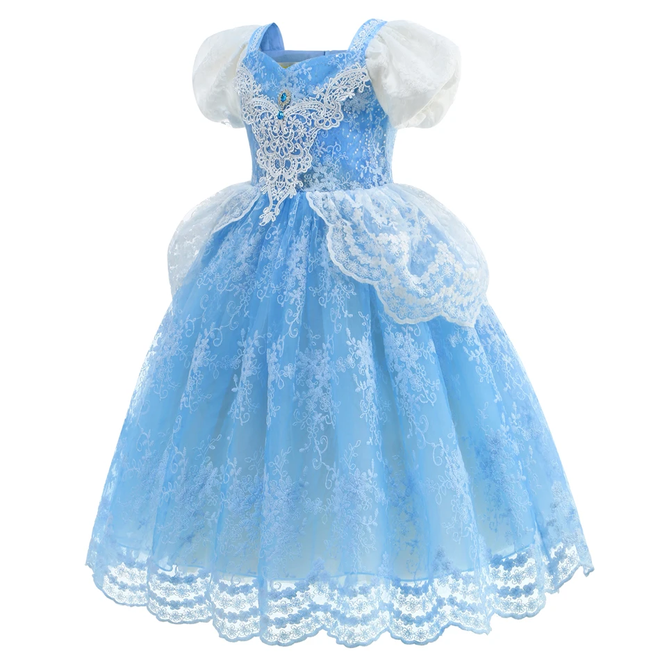 Cinderella Princess Dress Girls Blue Lace Mesh Puffy Gowns Girls Christmas Birthday Party Dress Halloween Outfits