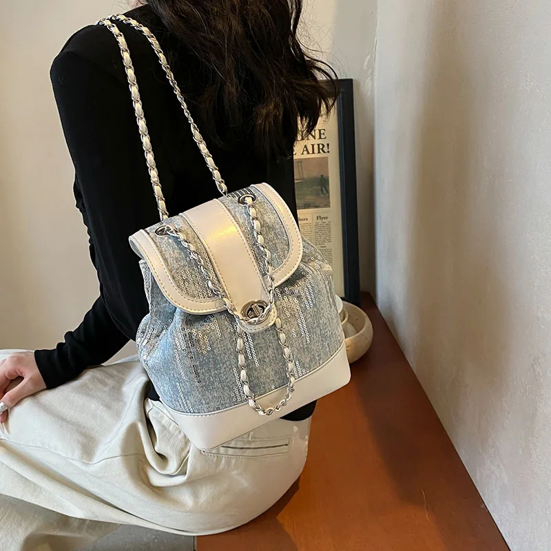 WBS Backpack Bags for Women 2024 Summer New Fashion Color Contrast Bucket Bag Leisure Luxury Brand Chain High Quality Backpack