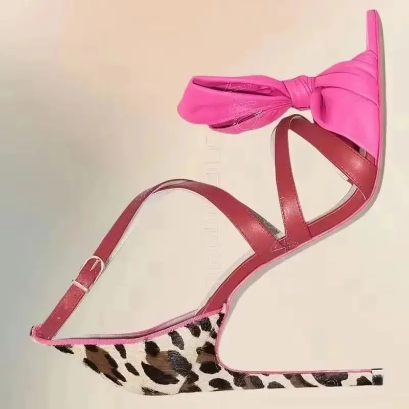 Rose Red Bow Knot Leopard Print Sandals Buckle Strap Women Shoes Thin High Heels Fashion Party Dating 2026 Zapatos Para Mujere