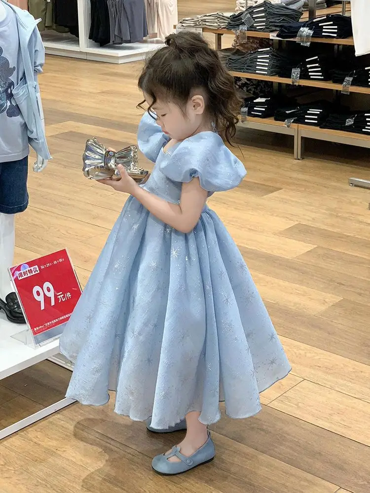 Abbigliamento per bambini 2024 estate corea nuovo dolce elegante manica a bolle vestito da principessa ragazze vestito di compleanno azzurro