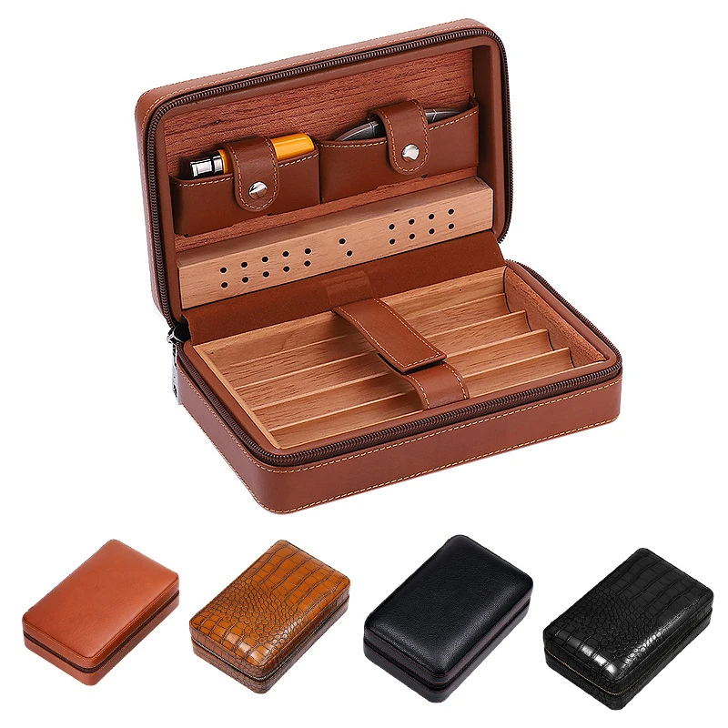 4pcs Humidor Cigar Box Travel Cigar Case orginizer Gift Package Leather Cedar Wood Cutter smoking accessories storage