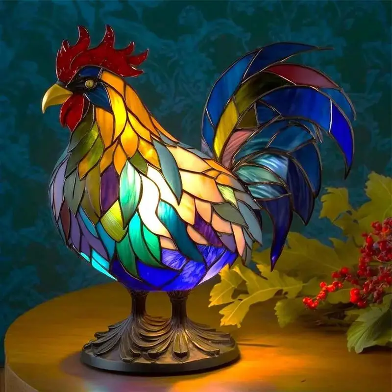 

Stained Glass Lamp Rooster Night Light Lamp Resin Retro Animal table Sculpture Lamp Housewarming Gifts For Bedroom Living Room