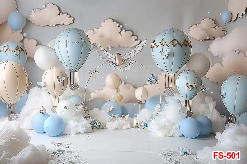 Hot Air Balloon Bear Photography Backdrops Blue Sky Clouds Photoshoot Background Newborn Baby Shower Cake Smash Decor Studio