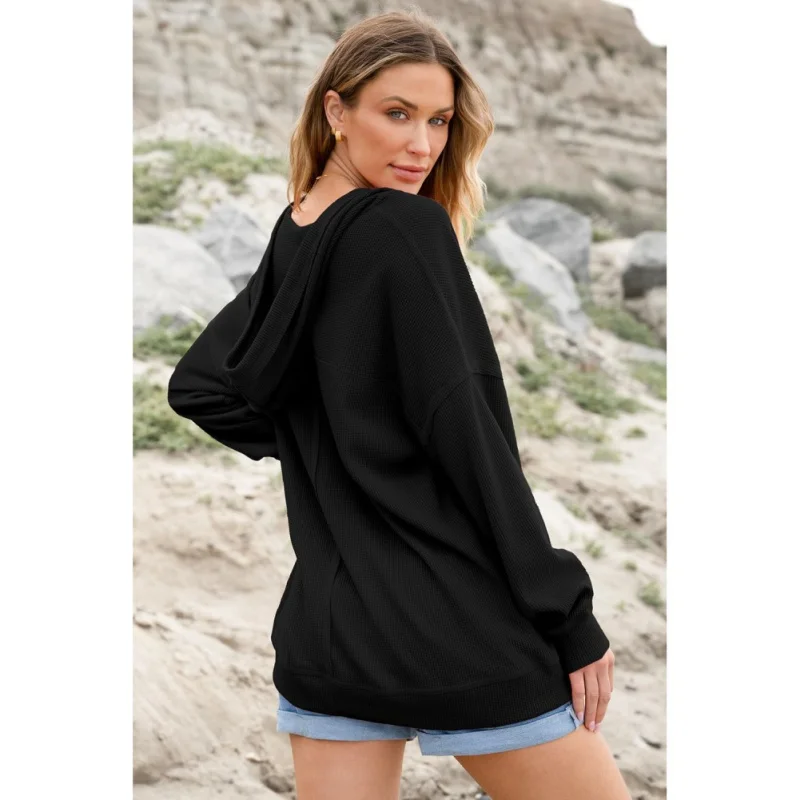 Spring Atumn  V-neck Sweatshirt With Pockets Basic Lazy Style Loose Versatile Daily Hoodied Top Solid Color Fashion Streetwear