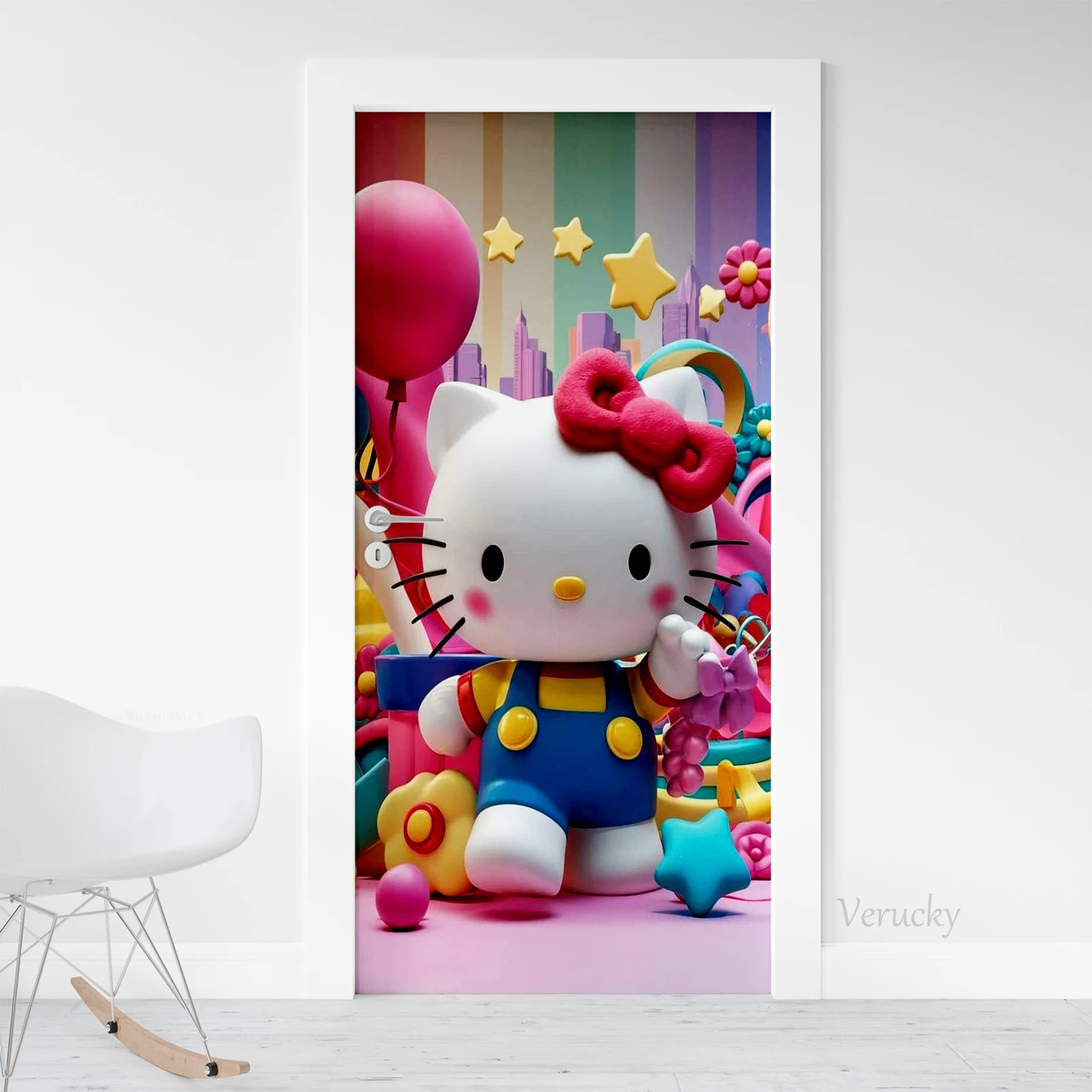 Door Sticker Hello Kitty Cartoon Style Old Door Renovation Self-adhesive PVC Waterproof Bedroom Room Door Decoration