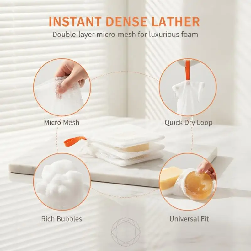 Foaming Soap Mesh Exfoliator Pouch 8Pcs Gentle Skin Massage Fast Bubble Maker Portable for Bath Travel Skincare Use