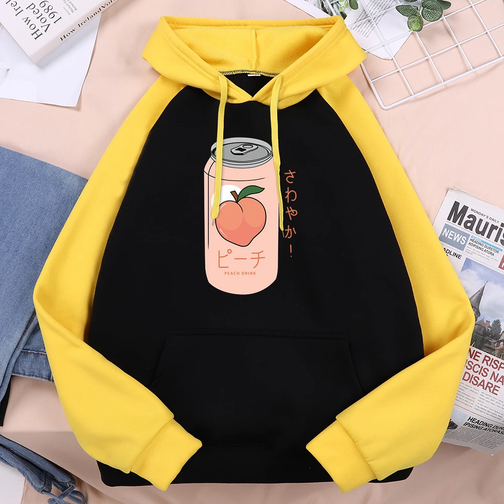 Peach Drink Peach Ginger Ale Aesthetic Print Men Raglan Long Sleeves Fashion Autumn Sweatshirt Street Pocket Trend Mans Hoodies