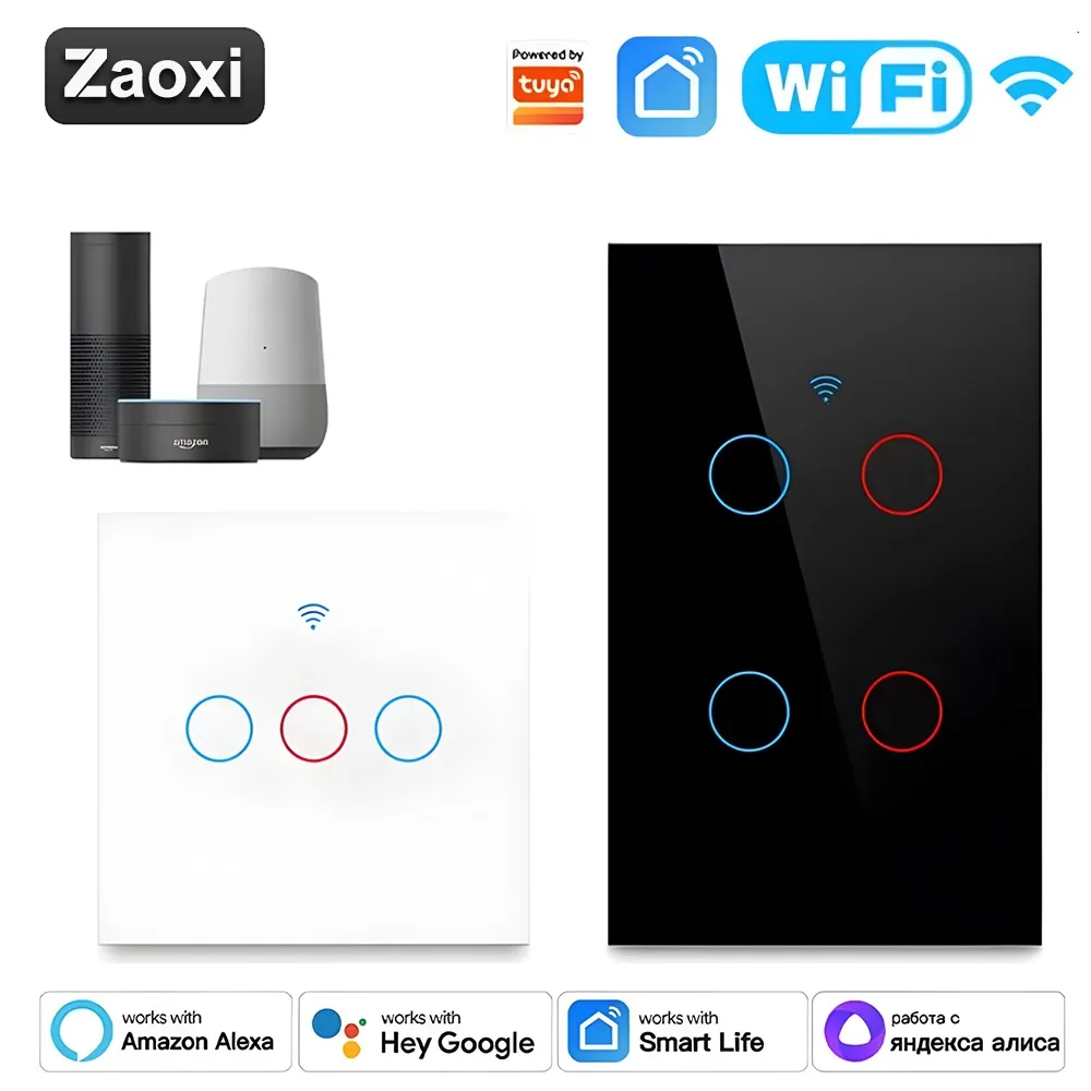 Sakelar pintar Tuya WIFI 110-240V 10A Alexa suara rumah Google 1/2/3/4 Gang nol kawat api Sensor sentuh US/EU sakelar pengendali jarak jauh