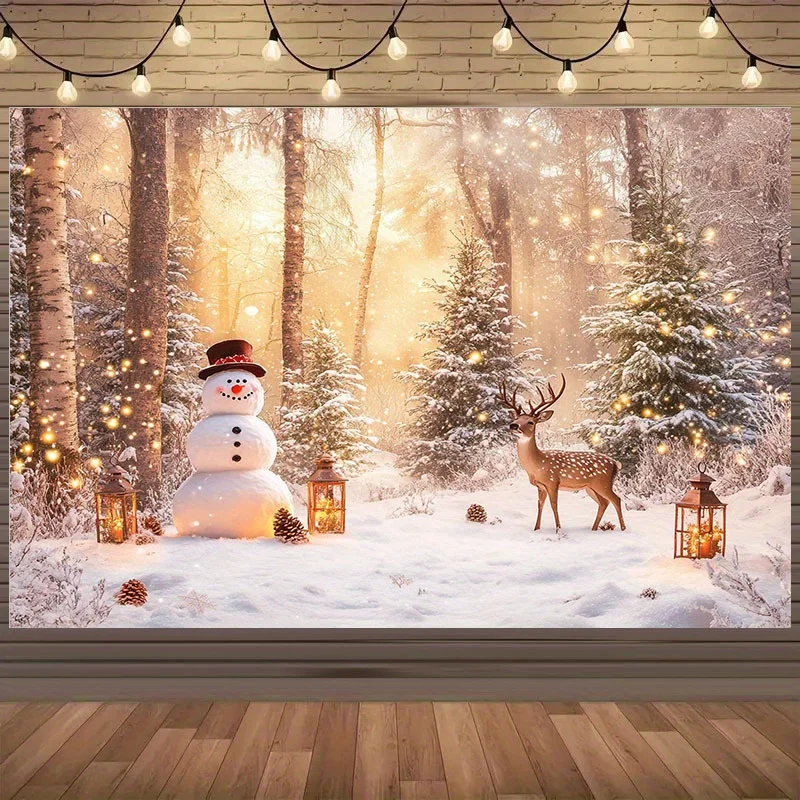 قطعة واحدة من قماش الخلفية ثنائي الأبعاد "ستارة غابة عيد الميلاد العجائب: رجل ثلج، مرافقة الرنة، فوانيس تألق في الشتاء #1