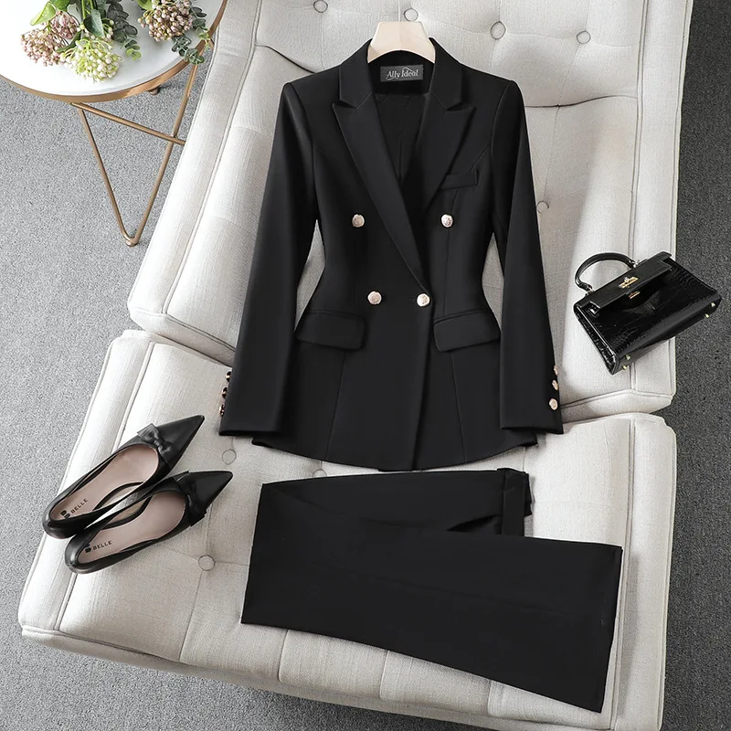 Pant Set Women 2 Piece Suit Sets Slim Fit Tight Waist Casual Blazer Jacket Button Straight Pants Outerwear Work Elegant Solid