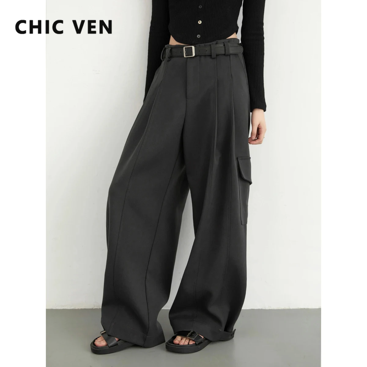 

CHIC VEN Women Pant Loose Casual New High Waisted Female Trousers Gray Pleated Wide Leg Pants for Woman Summer 2024