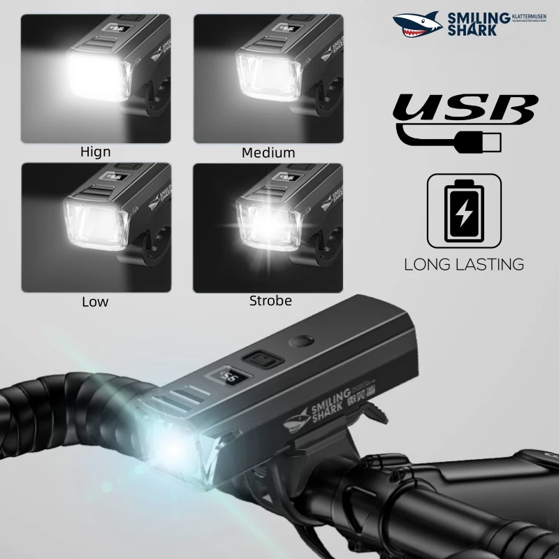 Smiling Shark QXD400 Rechargeable Bike Light, Front Light, Bicycle Headlight Flashlight, Easy to Install,For Outdoor Cycling