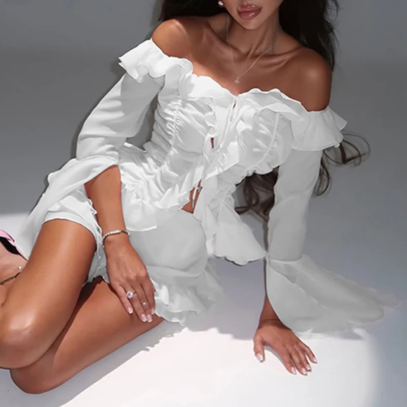 Senhora chique em camadas plissado mini saia 2025 verão férias praia vestido feminino elegante manga alargada rendas até halter colete vestido