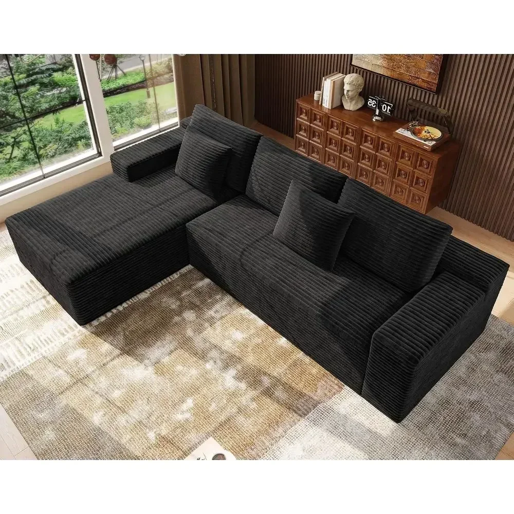 Black Corduroy L-Shaped Sectional Sofa with Oversized Deep Seats and Chaise Lounge for Living Room
