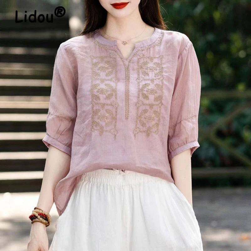 Women Vintage Ethnic Style Embroidery Cotton Linen Blouses Summer V Neck Short Sleeve Shirts Casual Solid Loose Irregular Tops