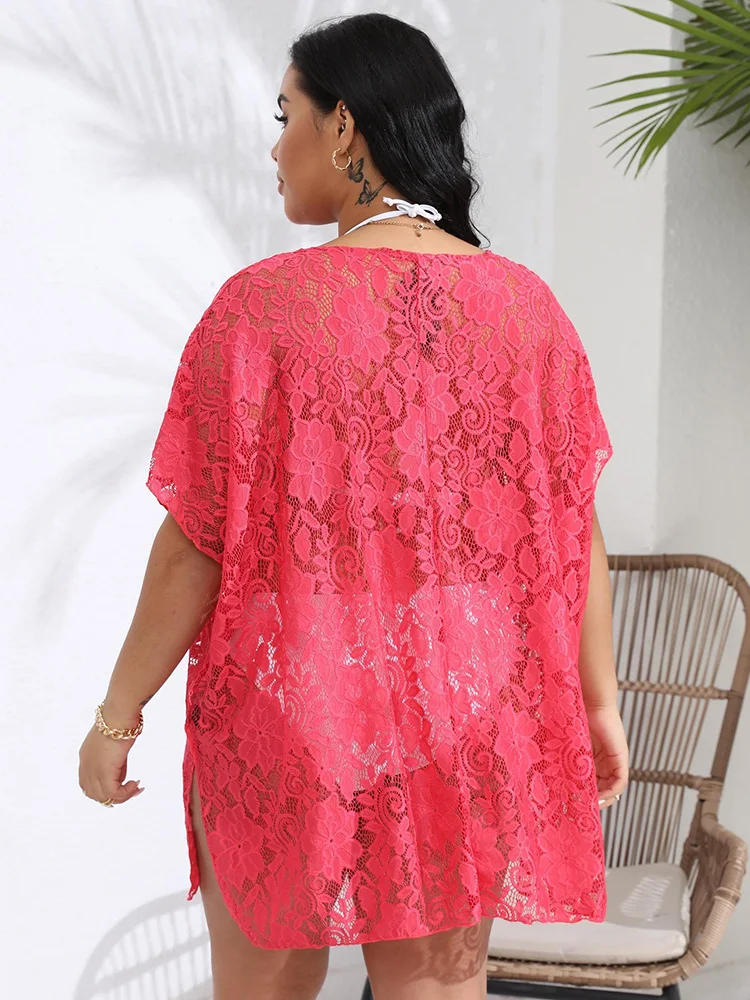 GIBSIE Plus Size Summer Lace Beach Dress Women 2024 Sexy See Through Beachwear Bikini Cover Up Female Tunic Swimwear Cover-ups